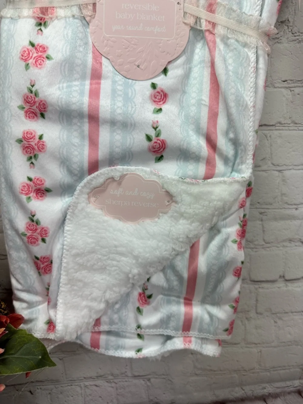 NWT pearl and tulle reversible Floral Stripe baby Blanket cottage boho feminine